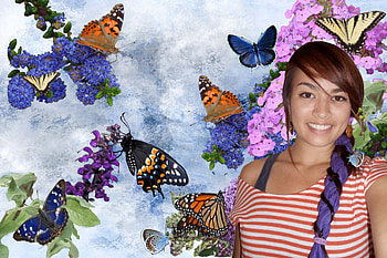 Wings of Beauty, blue, flowers, butterflys, woman HD wallpaper