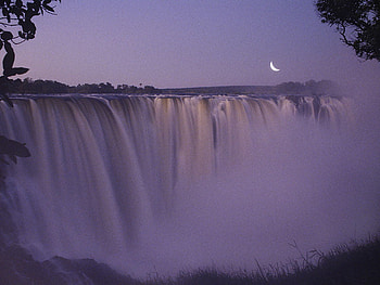moon and the waterfall, waterfall, moon, evening, beauty HD wallpaper