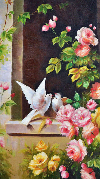 Birds 03, art, pink, green, nature, yellow, animal, window, flower HD phone wallpaper