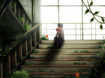 Reading, Abandoned, Anime, Original, Black Hair, Stairs HD wallpaper