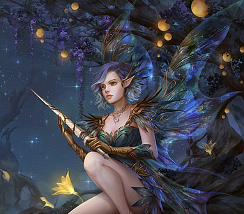 Fairy Yuma, fantasy, yuma, lights, lantern, girl, blue, night, hoang lap solan, fairy, hoanglapsolan HD wallpaper