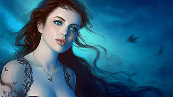 Redhead beauty, pendant, blue, jewel, fantasy, art, face, vampire, helga hertz, redhead HD wallpaper