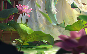 Lotuses, frumusete, pink, fantasy, flower, green, luminos, zhu huali, lotus HD wallpaper