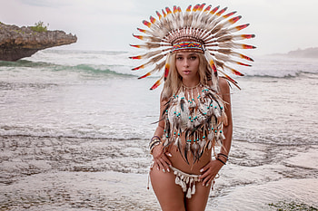 Bikini Model ~ Nastya Ferz, bikini, model, blonde, beach, headdress HD wallpaper