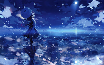 Like a Dream, night, umbrella, cute, red eyes, stars, touhou project, long hair, dress, beauty, nice, moon, water, hat, ocean, female, sweet, magic, maigc, beautiful, black hair, anime girl, anime, fantasy, pretty, touhou, clouds, sky, dream HD wallpaper