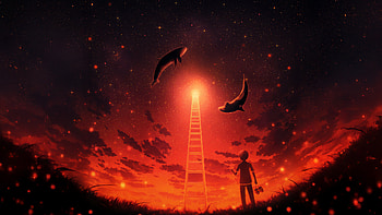 Boy Looking At Whales Dancing In Starlight, anime, boy, stars, whales, artist, artwork, art, digital-art, pixiv HD wallpaper