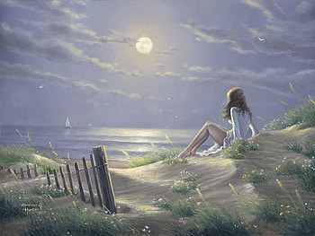 Waiting, sea, night, abraham hunter, art, girl, beach, summer, painting, moon, pictura, luna, water, vara HD wallpaper