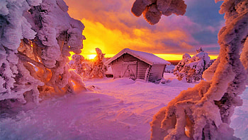 Fiery Sunrise, winter, snow, trees, clouds, colors, landscape, sky, cabin HD wallpaper