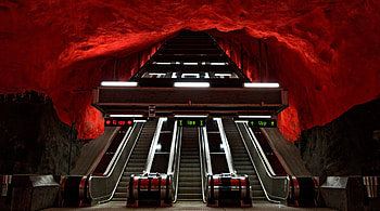 escalators in metro station in sweden called hell's mouth, station, tunnel, escalators, red HD wallpaper