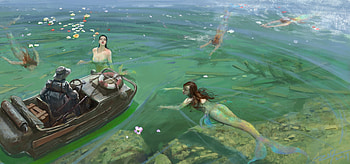 Mermaids, boat, mermaid, art, girl, summer, fisher, fantasy, hongda zhang, luminos, water, vara, siren HD wallpaper