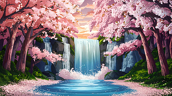 Serene waterfall in a blooming cherry blossom forest, nature, waterfall HD wallpaper