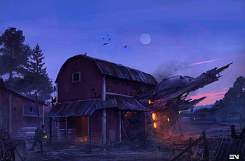 Spaceship Wrecked House , spaceship, artist, artwork, digital-art HD wallpaper