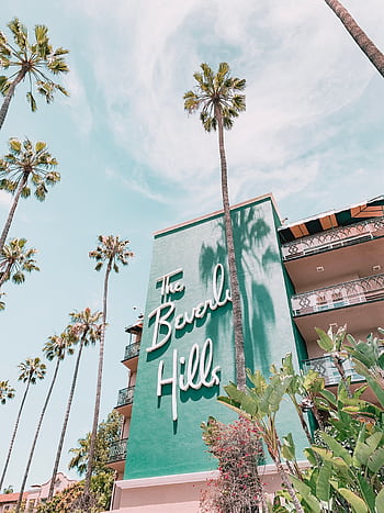The Beverly Hills Hotel with palm trees under a clear sky. Iconic luxury in Los Angeles, California. HD phone wallpaper