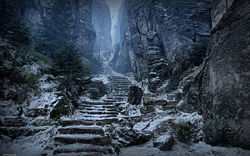 Mountain Stairways Czech Republic, winter, czech, stairway, cold, rocks, tree, mountain, republic, rock, fog, snow, trees, mountains, passage HD wallpaper