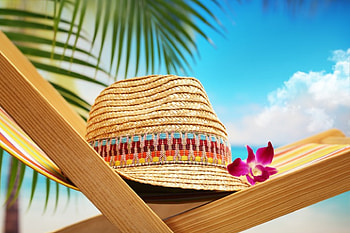 Summer Vacation, palms, chair, summer, tropical, hat, vacation, beach HD wallpaper