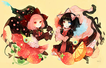 mahou shoujo madoka magica, strawberry, blue eyes, red eyes, 2girls, black hair, pink hair, dress HD wallpaper