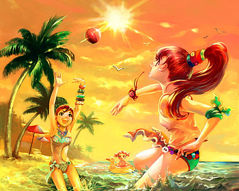 Happy Beach, animal, umbrella, sand, fun, cute, coconut tree, beach, play, swimsuit, scenic, kid, water, sun, cloud, sunset, sexy, children, scene, bird, hot, girl, bikini, orange, tree, anime girl, palm tree, playing, anime, ball, sky, child HD wallpaper