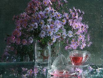 still life, purple, flowers, tea, rain HD wallpaper