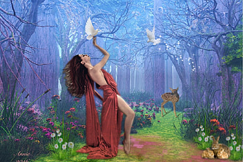 Fantasy Forest , Softness, beautyl, fantasy, animals, Flowers, Woman, misty, forest HD wallpaper