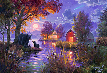 Black Bear Farm, bears, river, barn, house, artwork, painting, light, autumn, trees, evening HD wallpaper