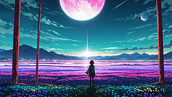 Following A Shining Star, synthwave, anime-girl, moon, field, sky, stars, artist, artwork, art, digital-art, ai, deviantart HD wallpaper
