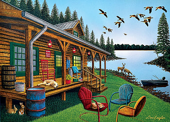 Break of Day, dog, boat, birds, lake, cabin, chairs, artwork, painting, trees HD wallpaper