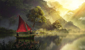 Rivers, Art, Dawn, Fog, Boat HD wallpaper