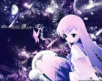 Girl, anime, butterfly, moon, space, stars HD wallpaper