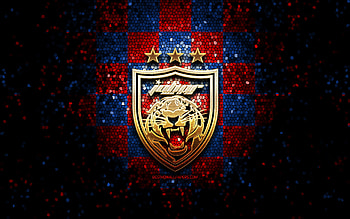 Johor Darul Tazim FC, glitter logo, Malaysia Super League, red blue checkered background, soccer, malaysian football club, Johor Darul Tazim logo, Johor DT, mosaic art, football, Johor Darul Tazim HD wallpaper