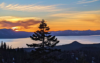 Sunset over Lake Tahoe in Kingsbury, Nevada, colors, clouds, sky, water, usa, tree HD wallpaper