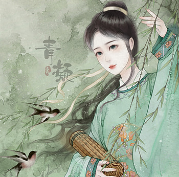Spring girl, girl, jag96, spring, pasari, bird, asian, art, swallow, fantasy, green, luminos HD wallpaper