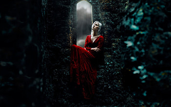 Rapunzel, kindra nikole, model, blonde, girl, woman, creative, fantasy, tower, green, red HD wallpaper