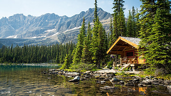 Lake O'hara Lodge Cabin, British Columbia, landscape, trees, sky, canada, mountains, stones HD wallpaper