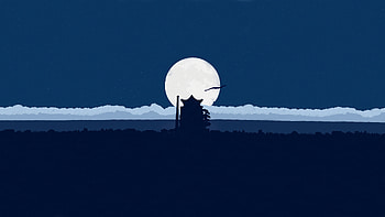 Moon, night, silhouette, castle, minimal HD wallpaper