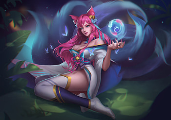 Ahri, haha z, blue, pink, fantasy, girl, fox HD wallpaper