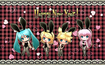 Happy New Year!, Happy New Year, Megurine Luka, Hatsune Miku, Vocaloid, Kagamine Len, Cute, Kagamine Rin, Hearts, Hatsune Miku Project Diva, Bunny HD wallpaper