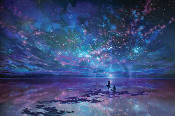Anime artwork of a couple having a romantic moment on a fantasy like overlooked by stars and galaxies, galaxy, girl, stars, woman, lake, anime landscape, fantasy, anime, love, couple, sky, romantic, calm, water, night, blue, galaxies, purple HD wallpaper