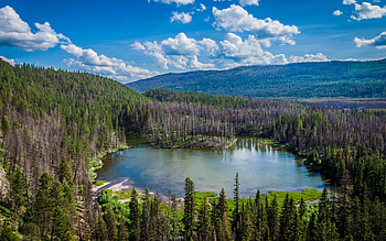 Top view of Morell Lake near Seeley Lake, Montana, hills, forest, clouds, trees, USA, sky HD wallpaper