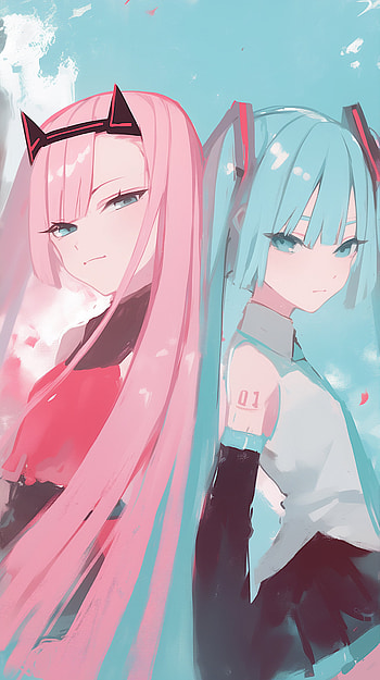 Dual Dreams – Zero Two and Hatsune Miku, Zero Two (Darling In The FranXX), Anime, Aesthetic HD phone wallpaper