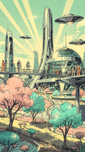 spring, futuristic city, cityscape, UFO HD phone wallpaper
