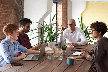 Business professionals collaborating in a modern office with laptops and plants on a wooden table. HD wallpaper