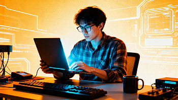 Geek: Neon Coder at the Desk, Programmer, Laptop, Computer HD wallpaper