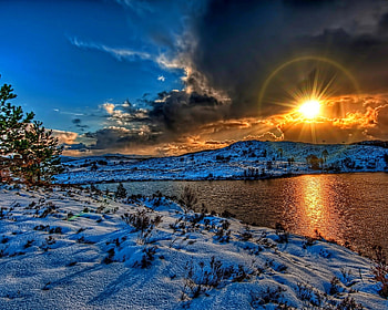 Winter River, winter, river, snow, landscape, clouds, sky, nature, sunset HD wallpaper