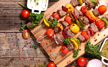 Shashlik, food, vegetables, meat HD wallpaper