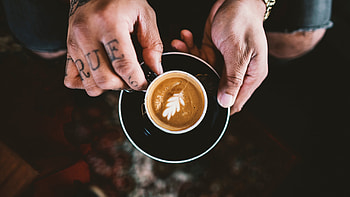 :), black, man, tattoo, coffee, leaf, cup, hand HD wallpaper