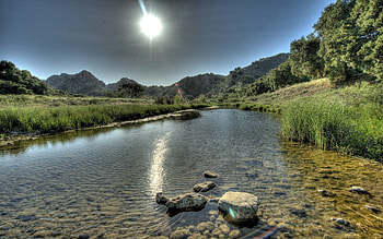 Nature, Rivers, Grass, Stones, Sky, Mountains HD wallpaper