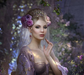 Sad beauty, cornacchia-art, frumusete, cry, tear, cornacchiaart, hand, jewel, sad, purple, rose, pink, lady, tiara, fantasy, flower, luminos HD wallpaper
