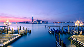 san giorgio maggiore church in venice, island, lights, boats, marina, church, dusk, lagoon HD wallpaper