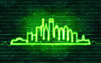 Philadelphia green neon silhouette, , green neon lights, Philadelphia skyline silhouette, green brickwall, american cities, neon skyline silhouettes, USA, Philadelphia silhouette, Philadelphia HD wallpaper