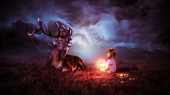 Night Sky Deer Fantasy , fantasy, artist, artwork, digital-art, deer, child, children HD wallpaper